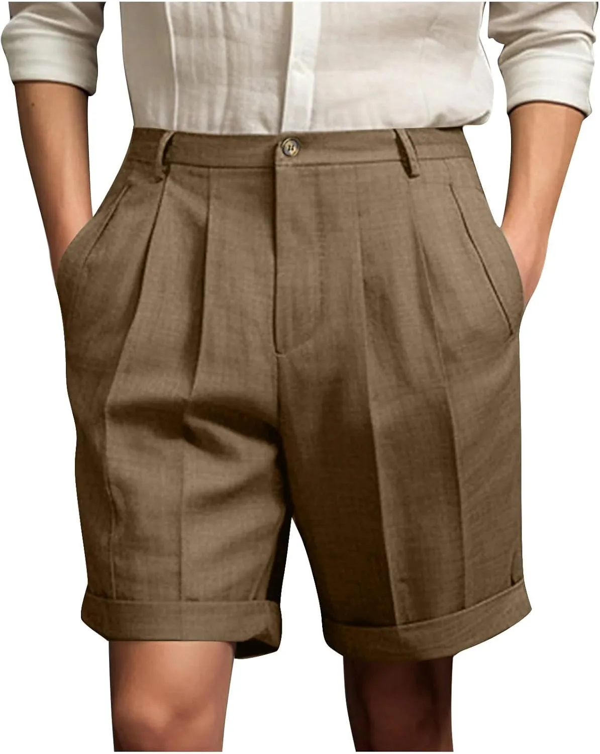 Dressy Pleated Front Shorts for Men Summer Business Casual Bermuda Shorts Cuffed Hem Golf Work Short with Pockets