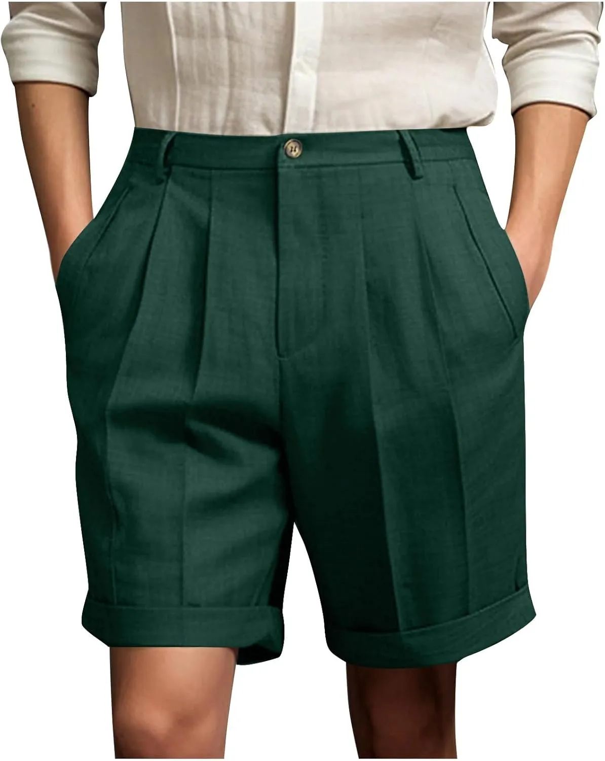 Dressy Pleated Front Shorts for Men Summer Business Casual Bermuda Shorts Cuffed Hem Golf Work Short with Pockets
