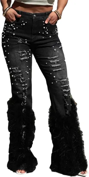 Ecirod Womens Pearl Stretch Skinny Jeans High Waisted Frayed Ripped Hole Feather Fringe Tassels Denim Flare Pants