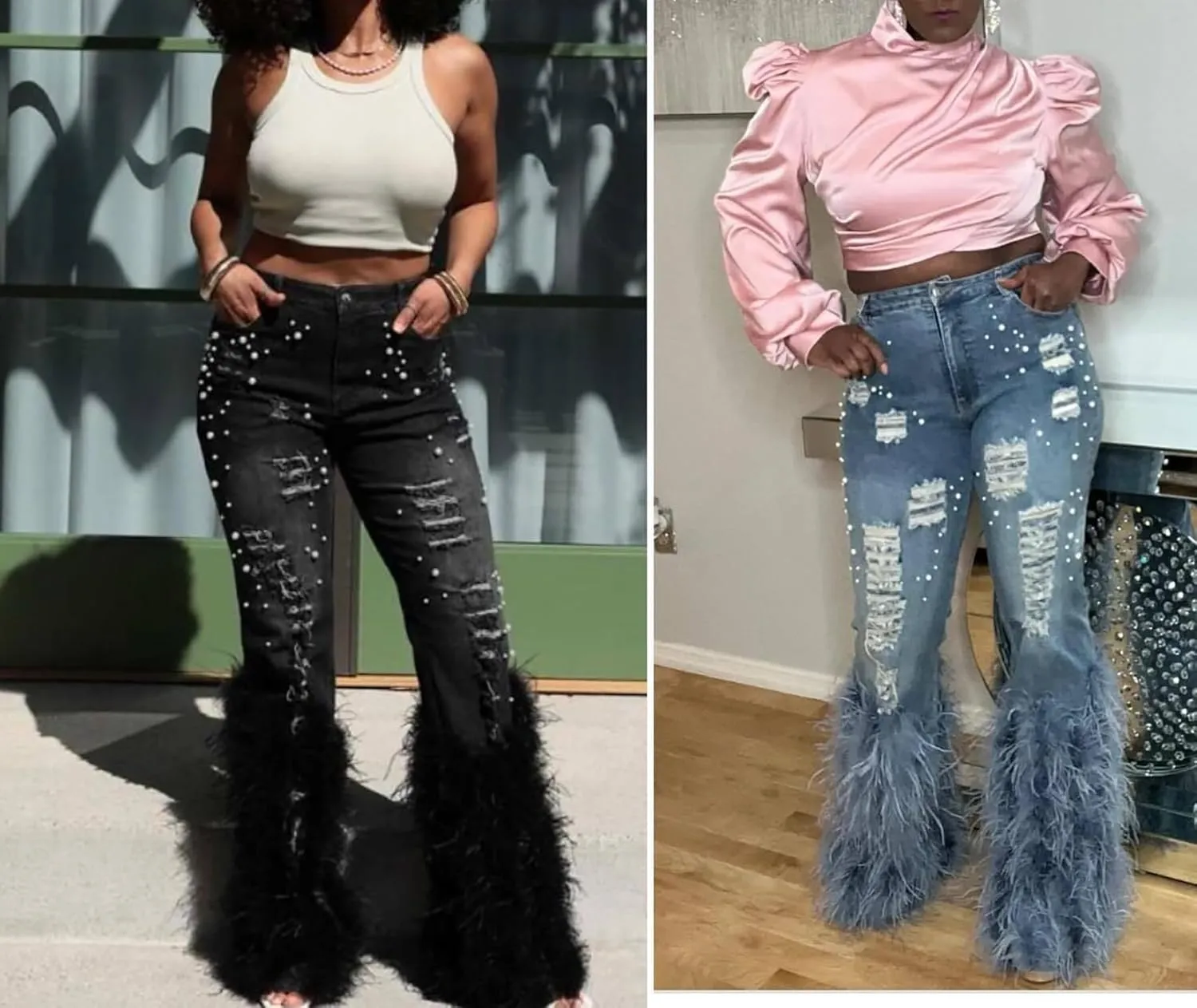 Ecirod Womens Pearl Stretch Skinny Jeans High Waisted Frayed Ripped Hole Feather Fringe Tassels Denim Flare Pants