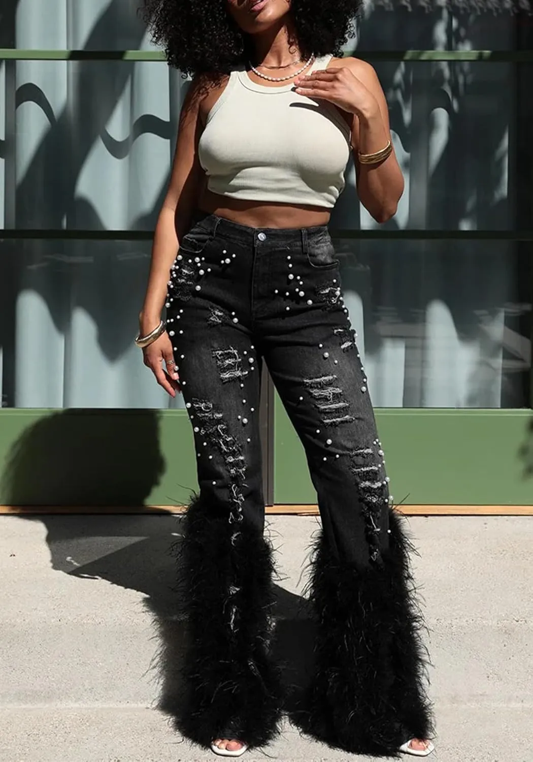 Ecirod Womens Pearl Stretch Skinny Jeans High Waisted Frayed Ripped Hole Feather Fringe Tassels Denim Flare Pants