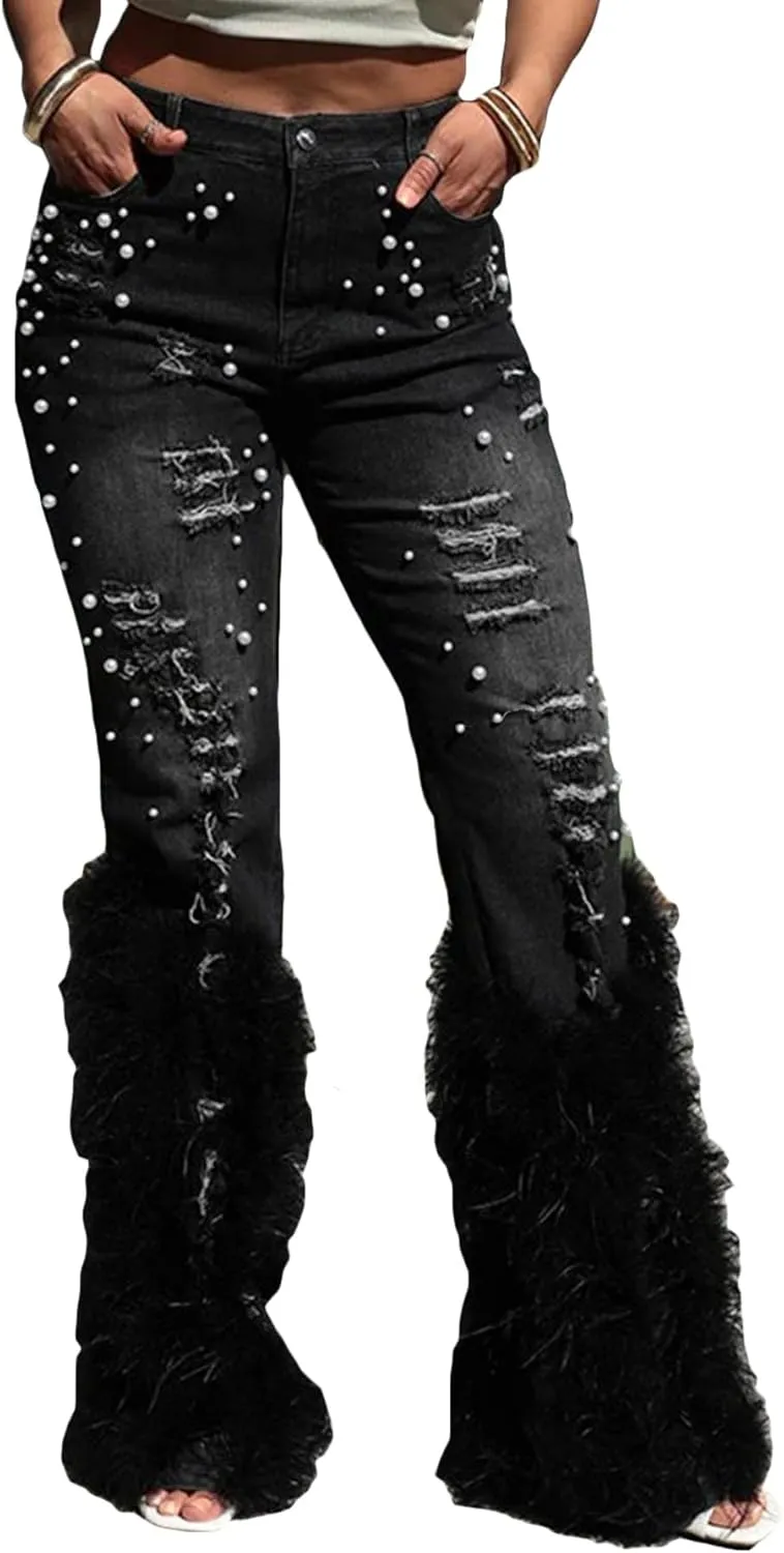 Ecirod Womens Pearl Stretch Skinny Jeans High Waisted Frayed Ripped Hole Feather Fringe Tassels Denim Flare Pants
