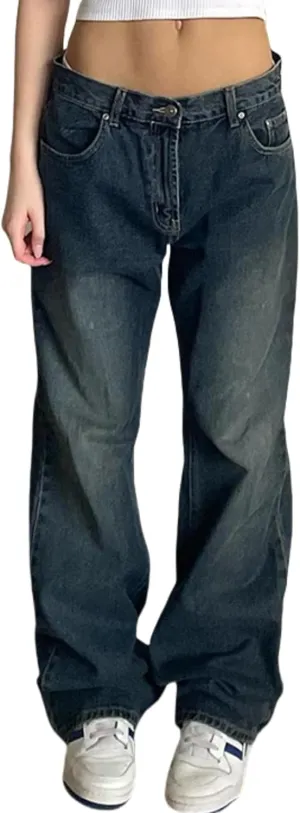 EMMIOL Women Baggy Jeans Wide Leg Mid-Low Waist Jeans Loose Boyfriends Jeans 90s Denim Pants with Pockets