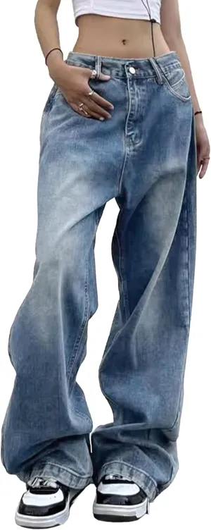 EMMIOL Women's Baggy Jeans - Patchwork Wide Leg Mid Rise Y2K Cargo Pants, 90s Vintage Loose Boyfriend Oversized Jeans