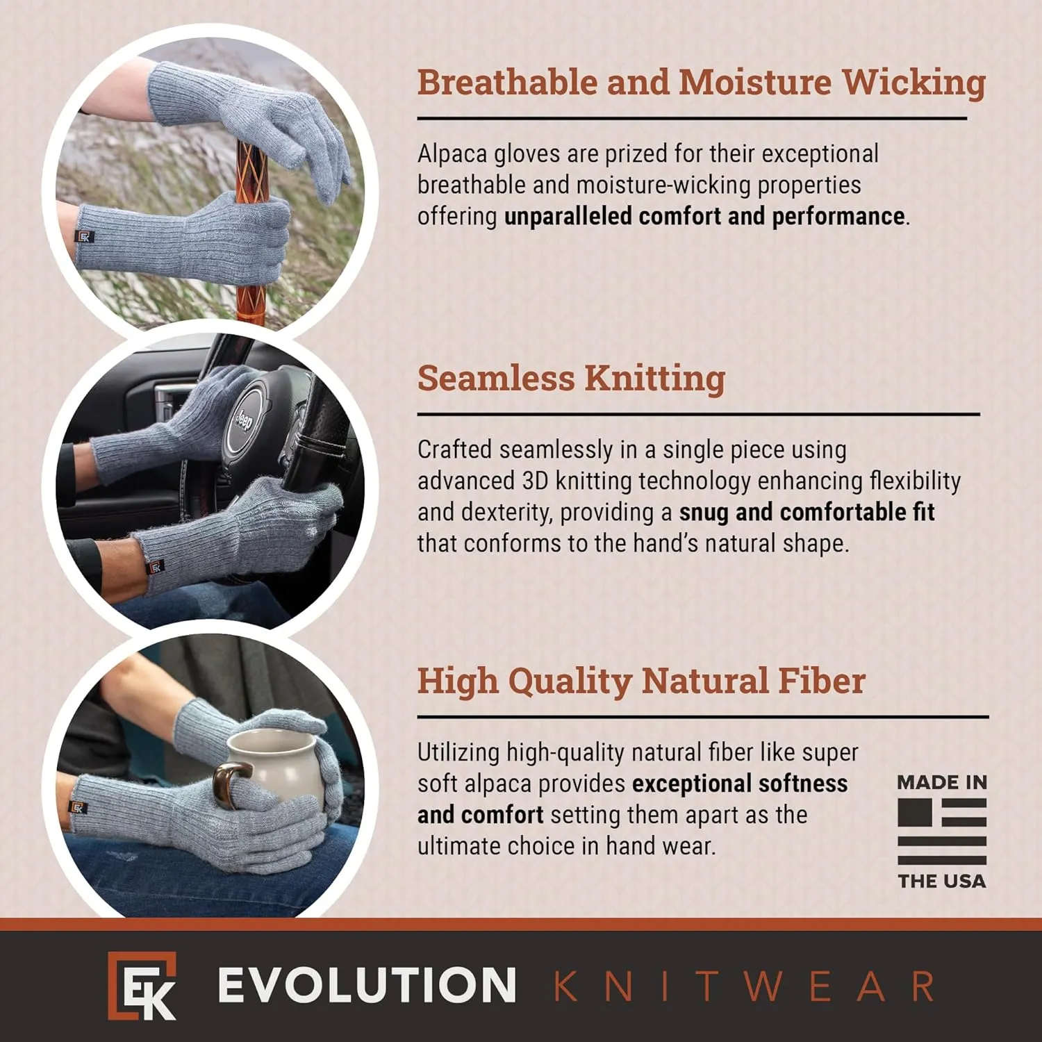 Evolution Knitwear Alpaca Cable Knit Gloves - Super Soft Baby Alpaca - Made in the USA - Small