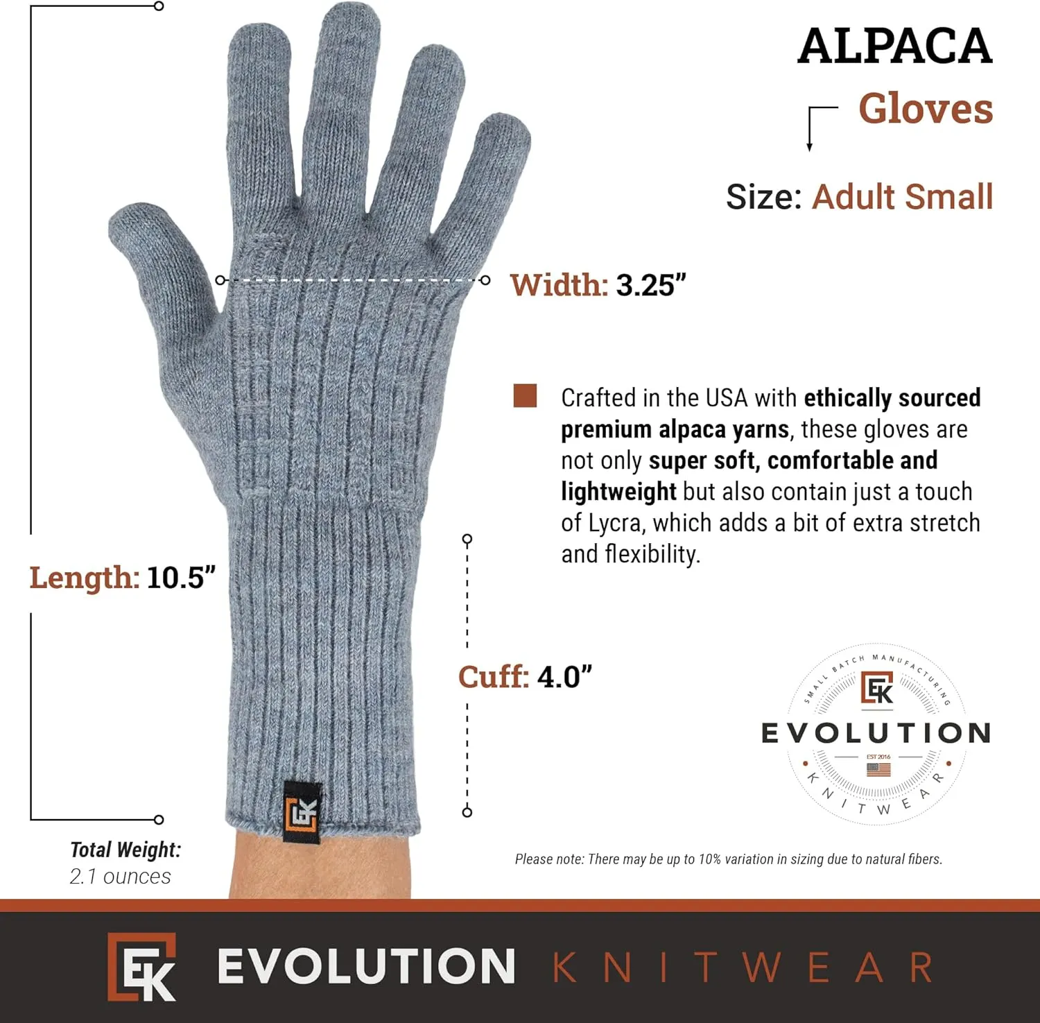 Evolution Knitwear Alpaca Cable Knit Gloves - Super Soft Baby Alpaca - Made in the USA - Small