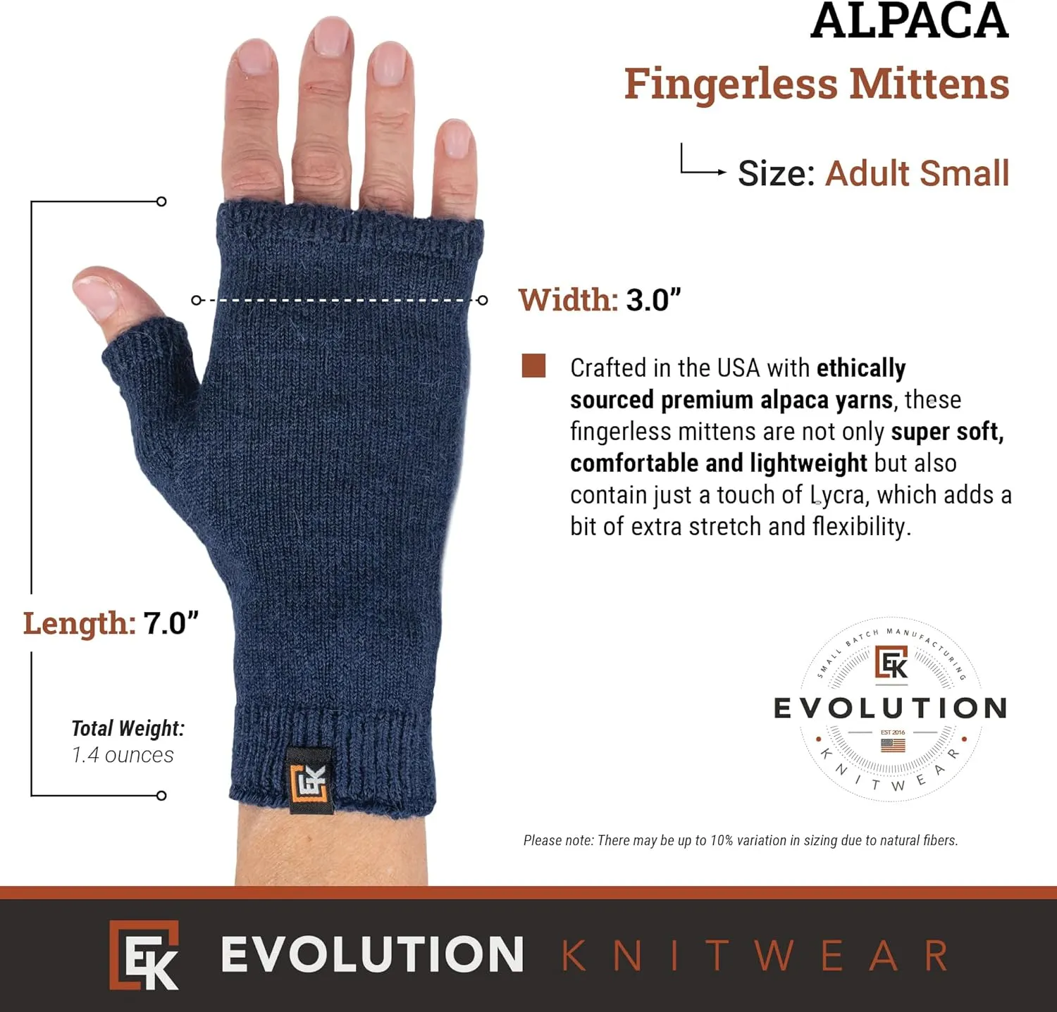 Evolution Knitwear Alpaca Knit Fingerless Mittens - Super Soft Baby Alpaca - Made in the USA - Small
