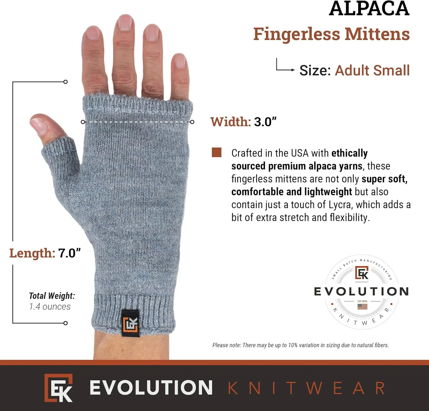 Evolution Knitwear Alpaca Knit Fingerless Mittens - Super Soft Baby Alpaca - Made in the USA - Small