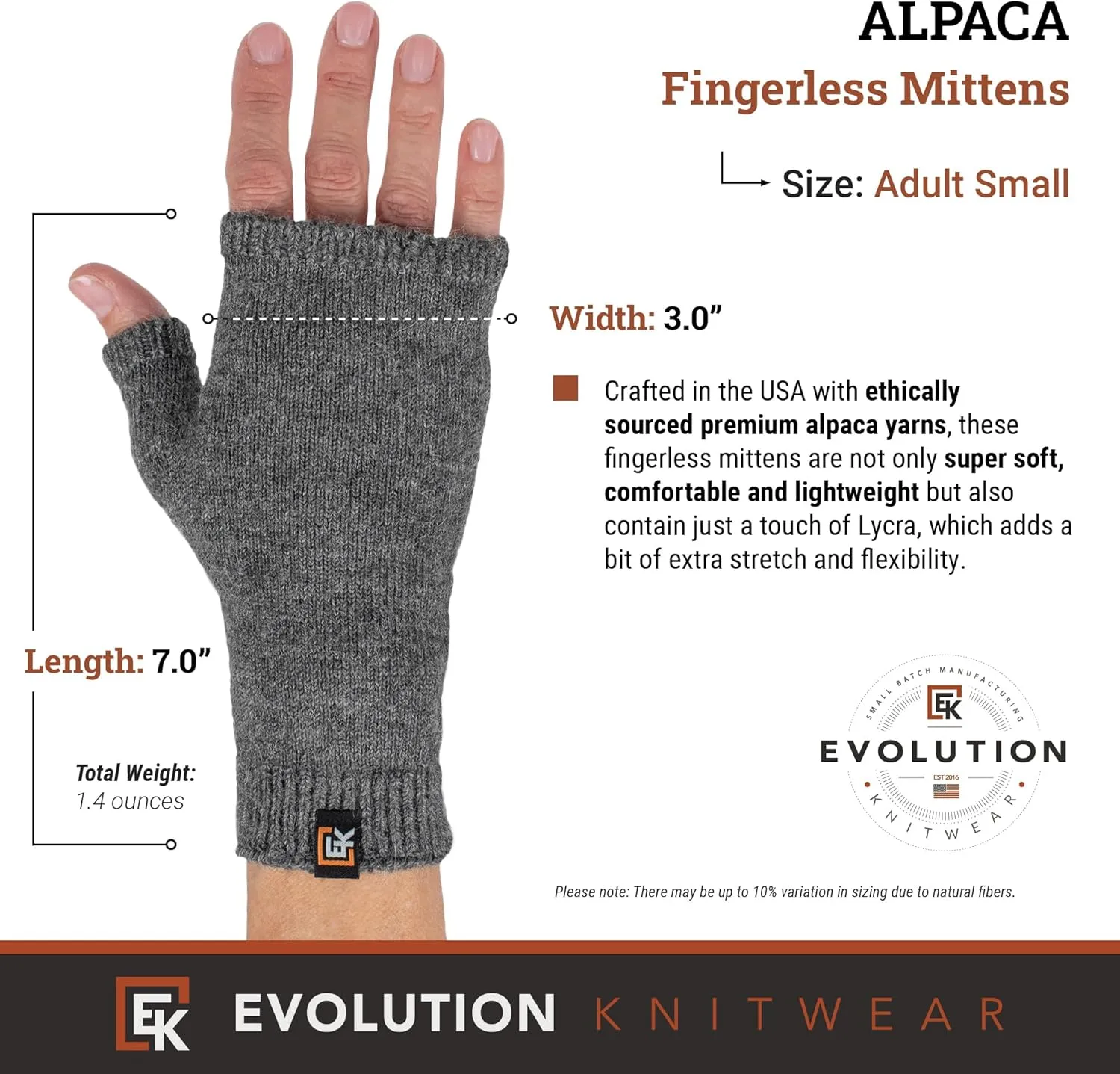 Evolution Knitwear Alpaca Knit Fingerless Mittens - Super Soft Baby Alpaca - Made in the USA - Small