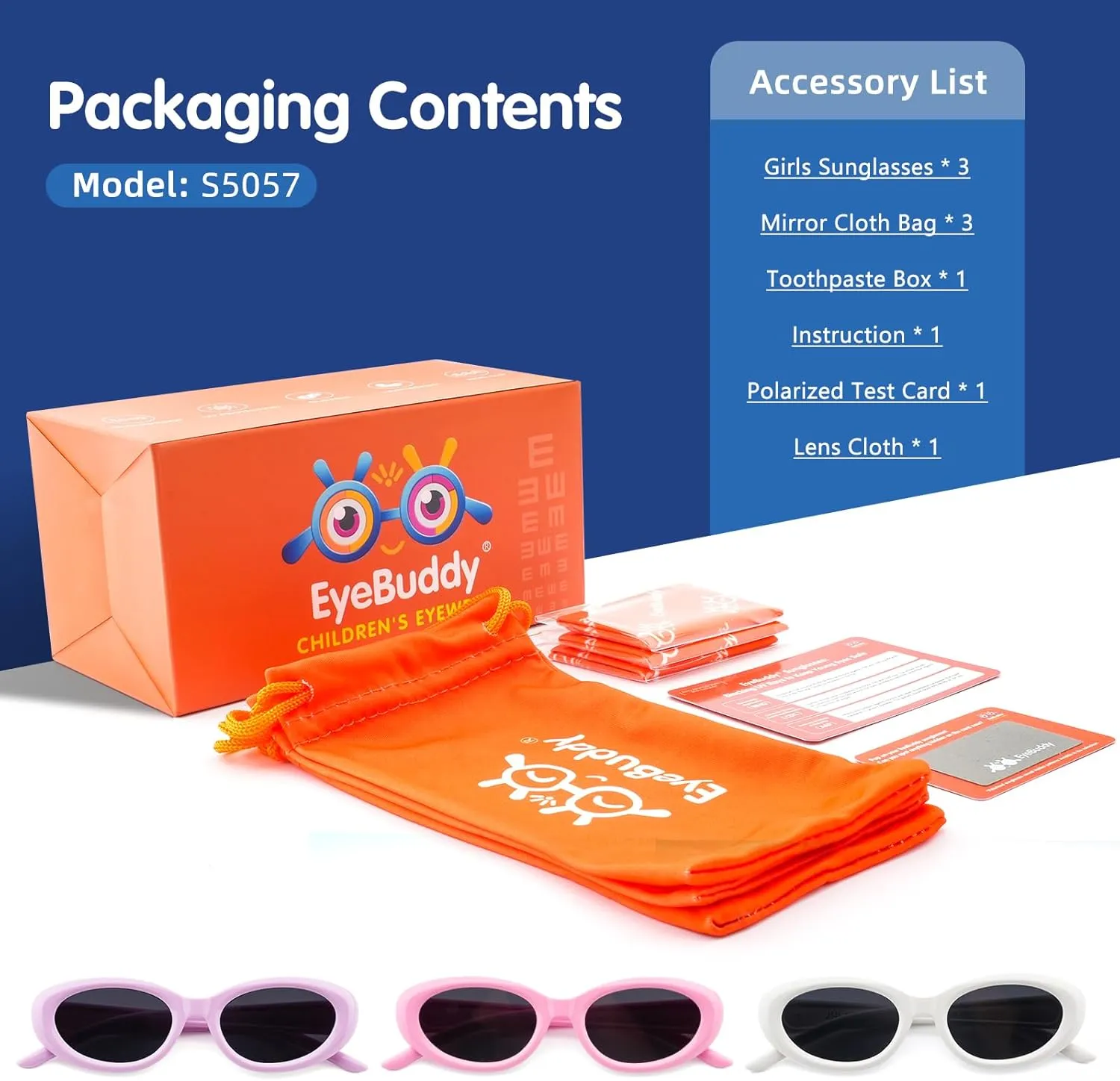 EYEBUDDY 3 Packs Kids Sunglasses-100% UV400 Protection Polarized Sunglasses, Girls Sunglasses Lightweight Portable Age 5-10
