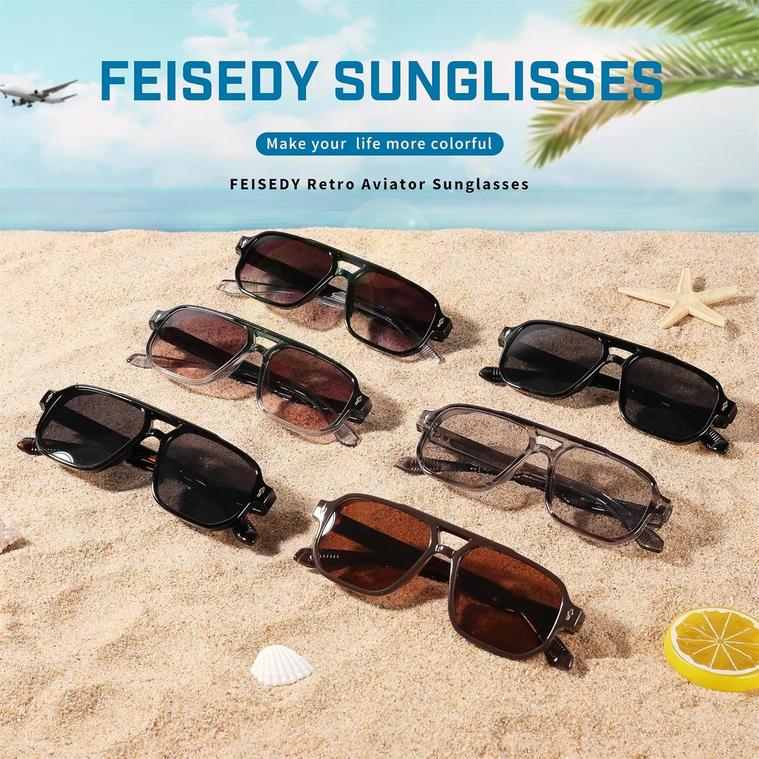 FEISEDY Retro Square Aviator Sunglasses Women Men, 70s Small Vintage Rectangle UV400 Sun Glasses B9120
