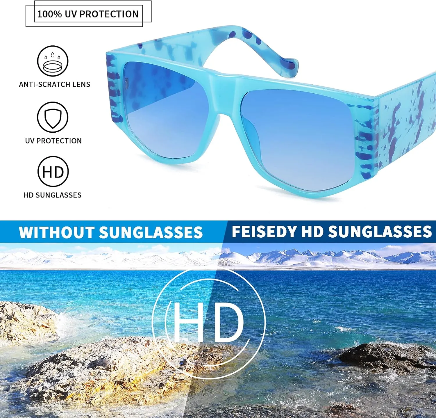 FEISEDY Retro Square Flat Top Irregular Sunglasses Thick Frame Men Women UV400 Glasses B4041