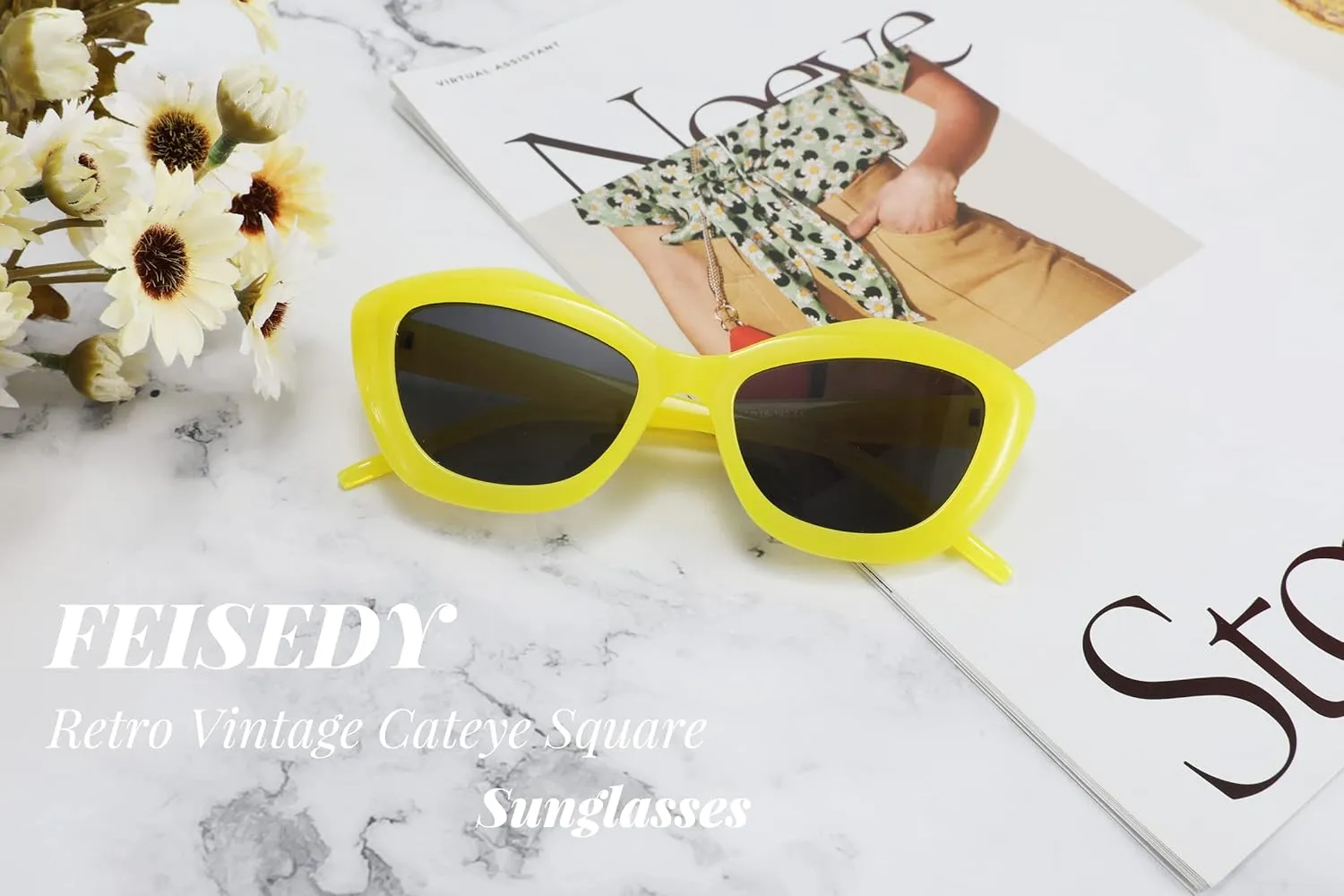 FEISEDY Retro Vintage Cateye Square Sunglasses Plastic Frame 90s sunglasses Stylish Women Men 70s Glasses B4105