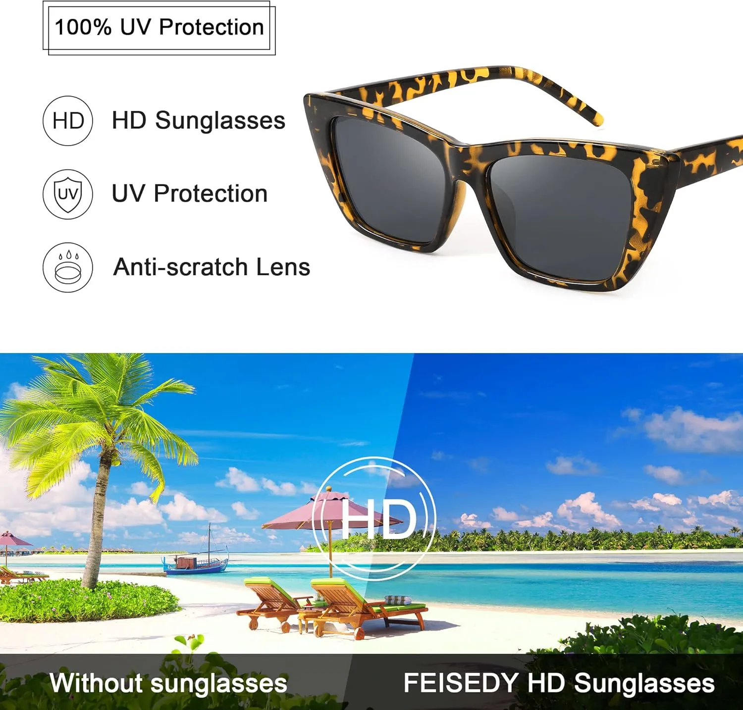 FEISEDY Square Cat Eye Sunglasses Vintage Cateye Frame UV400 Protection Sunglasses B2719