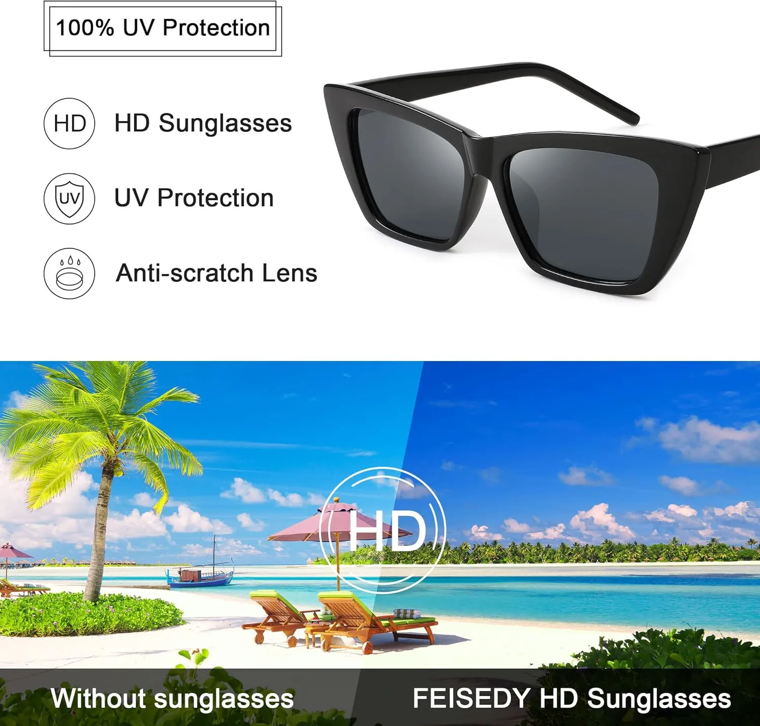 FEISEDY Square Cat Eye Sunglasses Vintage Cateye Frame UV400 Protection Sunglasses B2719