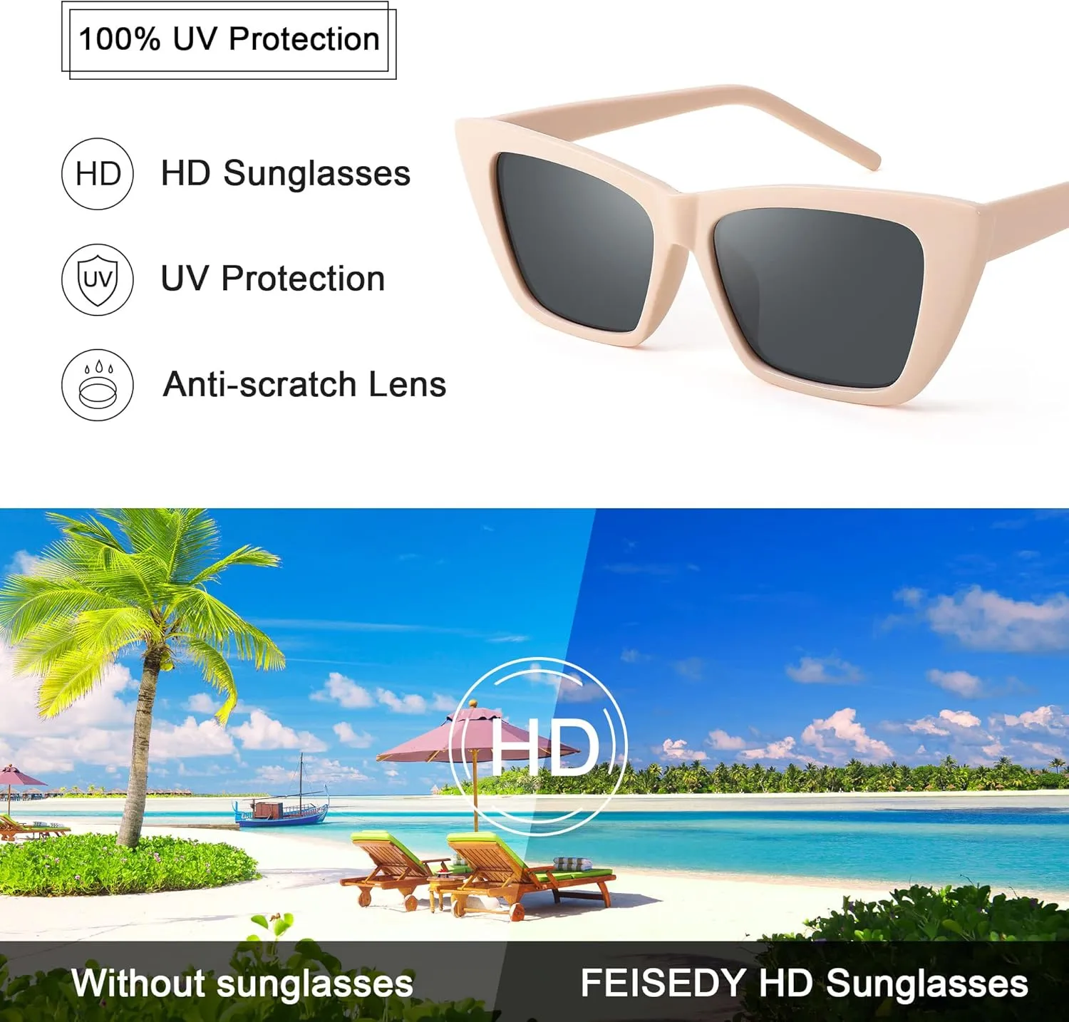 FEISEDY Square Cat Eye Sunglasses Vintage Cateye Frame UV400 Protection Sunglasses B2719