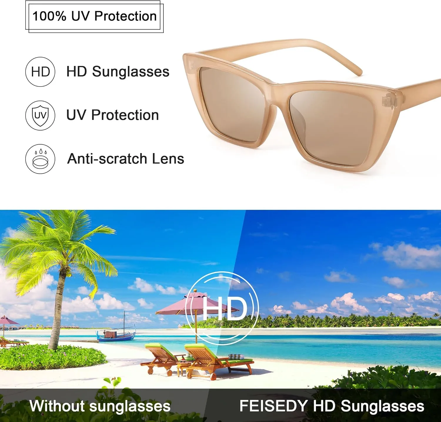 FEISEDY Square Cat Eye Sunglasses Vintage Cateye Frame UV400 Protection Sunglasses B2719