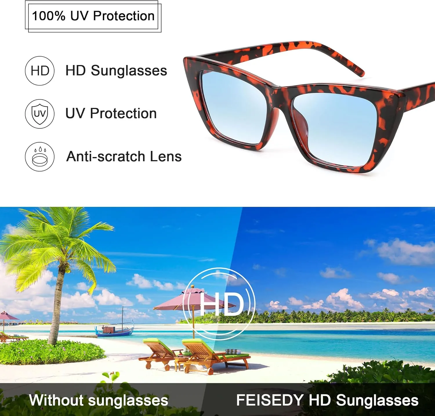 FEISEDY Square Cat Eye Sunglasses Vintage Cateye Frame UV400 Protection Sunglasses B2719