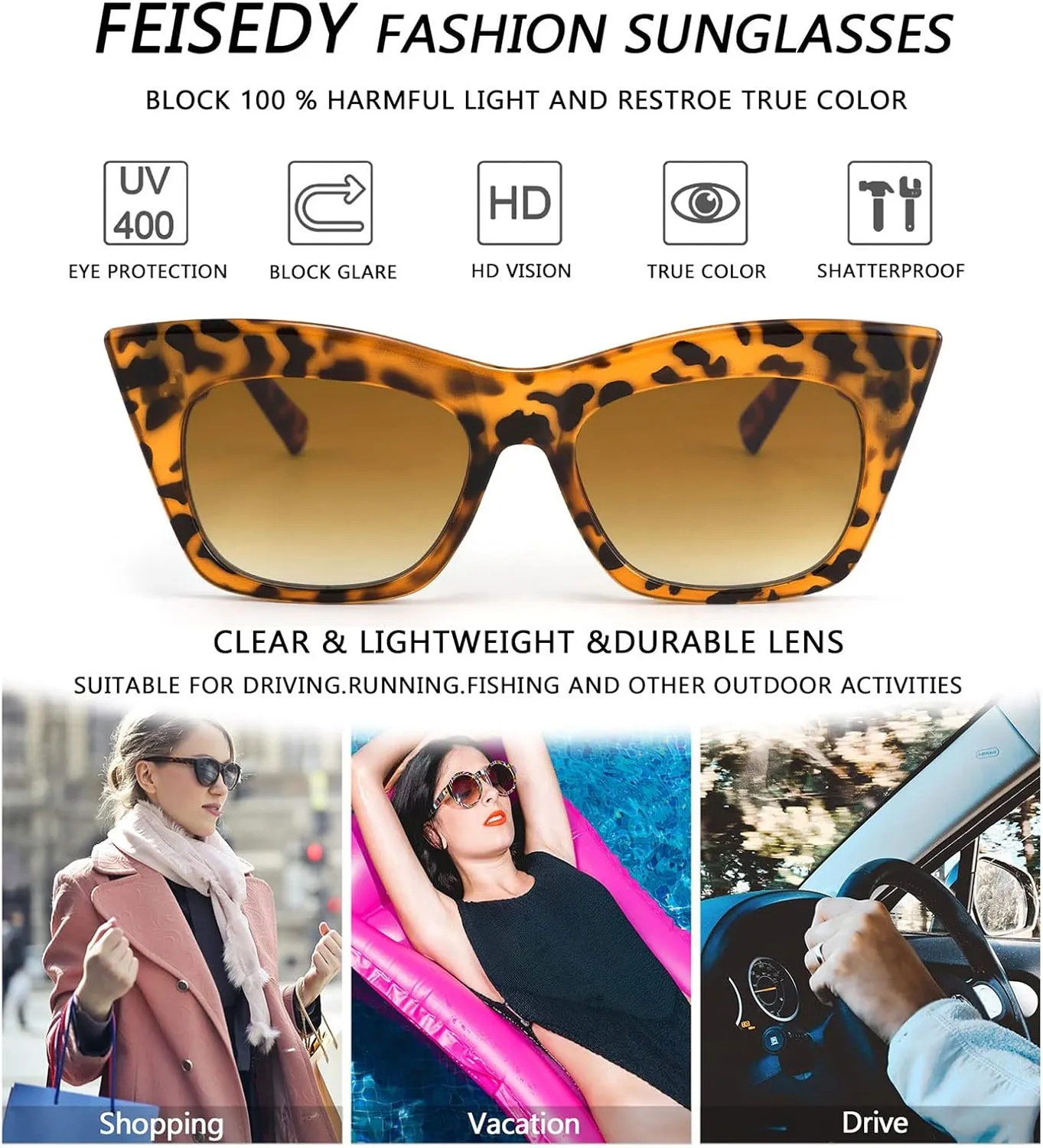 FEISEDY Vintage Square Cat Eye Sunglasses Women Fashion Cateye Sunglasses B4051