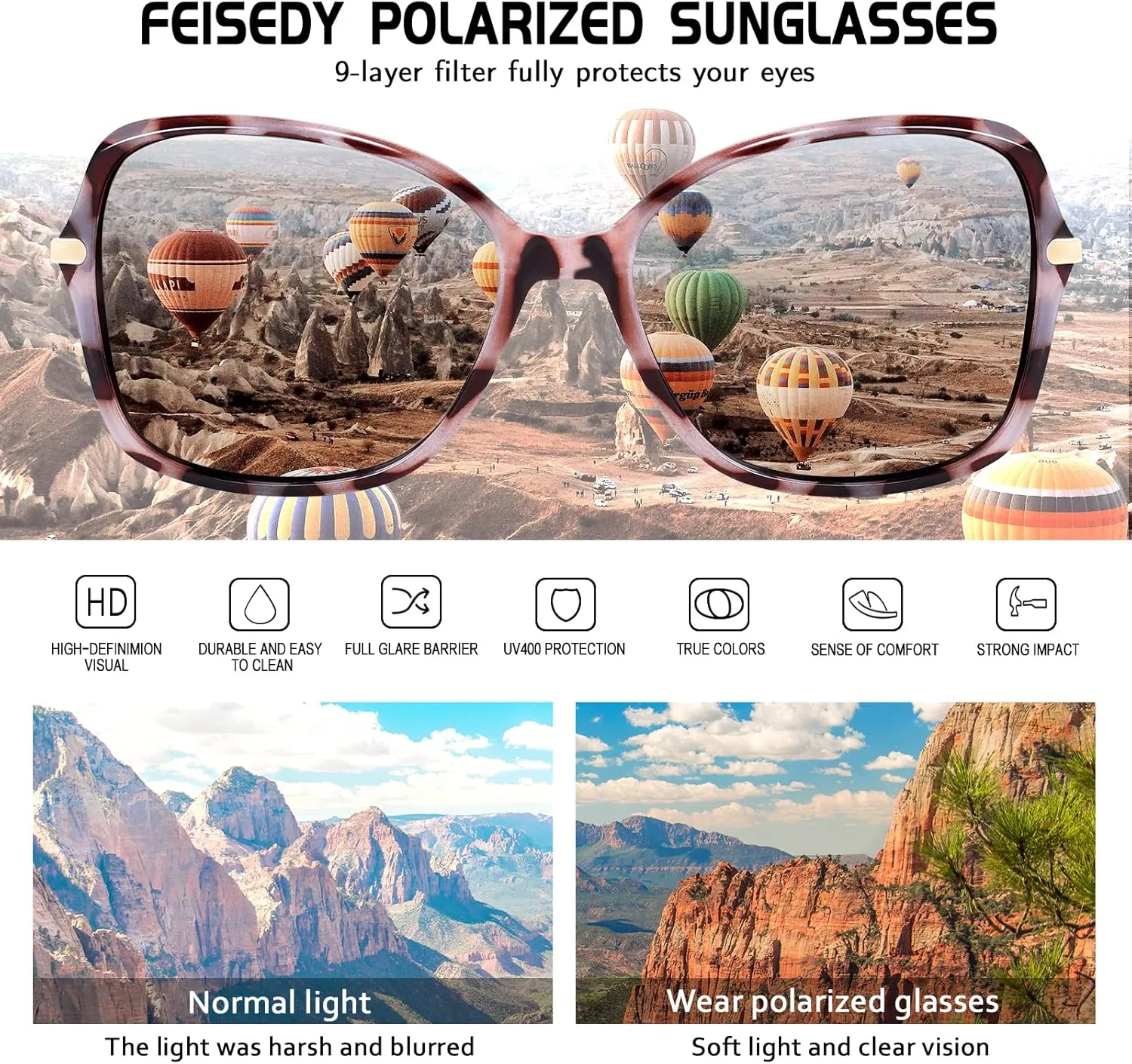 FEISEDY Womens Polarized Sunglasses, Trendy Elegant Colored Frame for Ladies, UV400 Protection B2760
