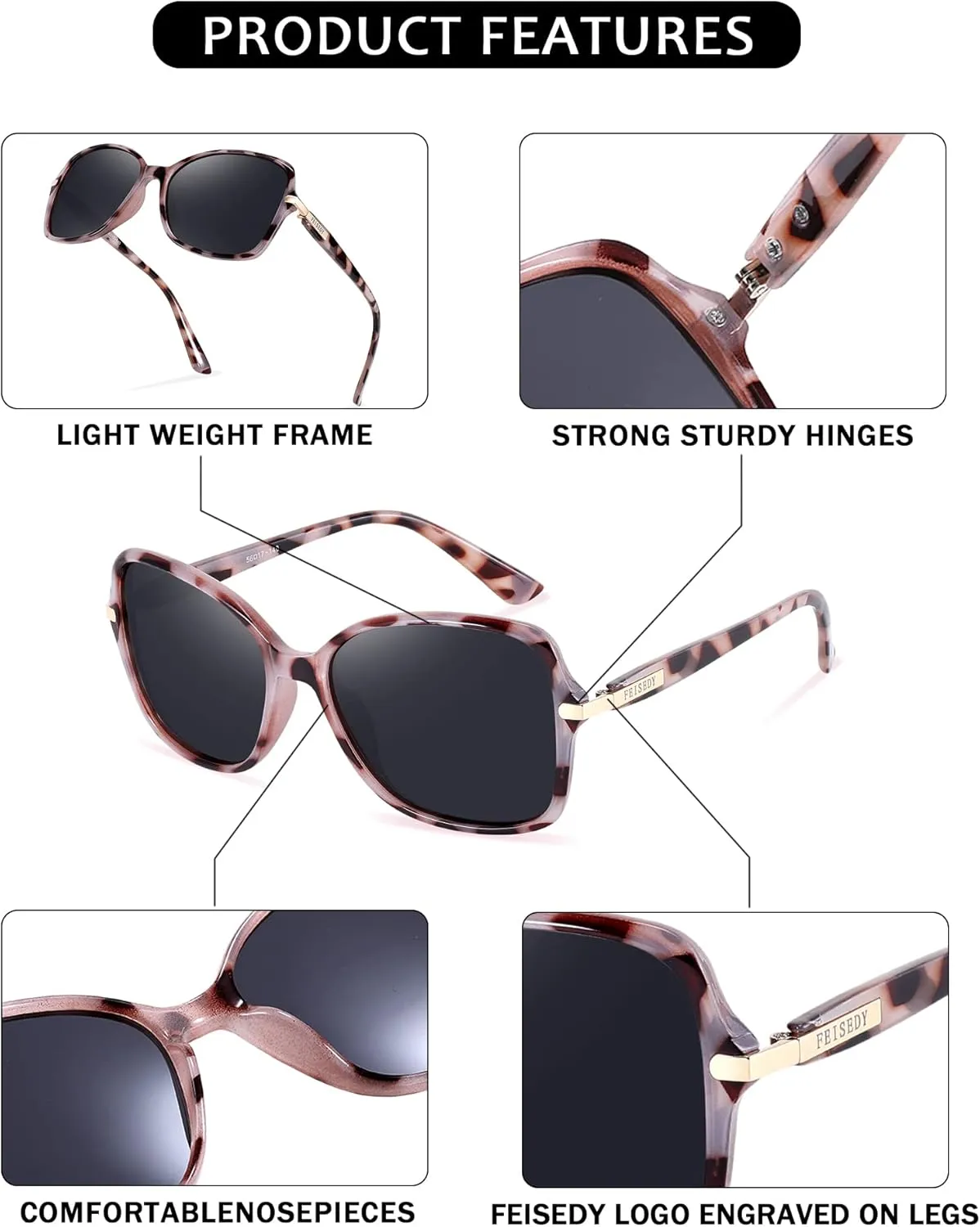 FEISEDY Womens Polarized Sunglasses, Trendy Elegant Colored Frame for Ladies, UV400 Protection B2760