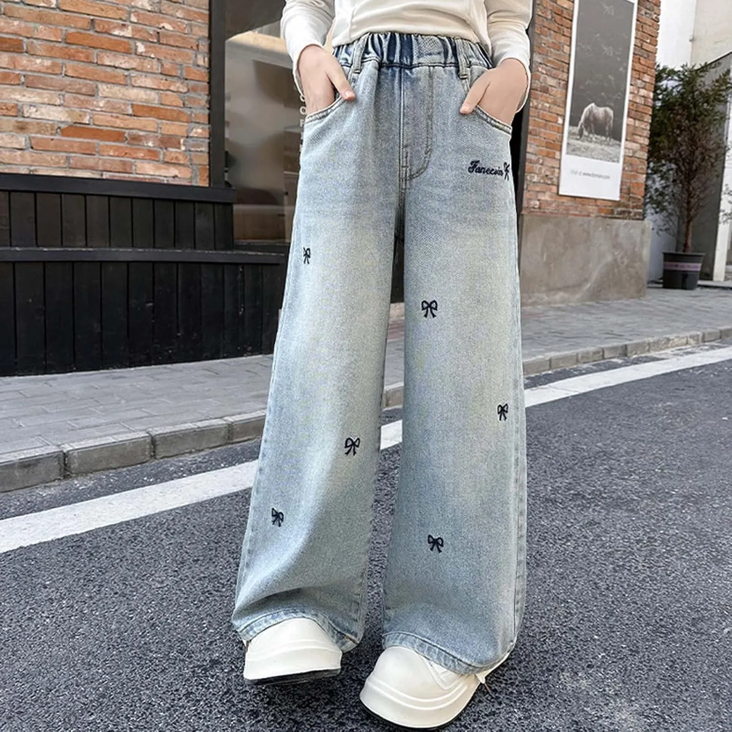 Flare Girls Jeans Wide Leg High Elastic Waisted Baggy Denim Pants Y2K Casual Going Out Jeans with Pockets