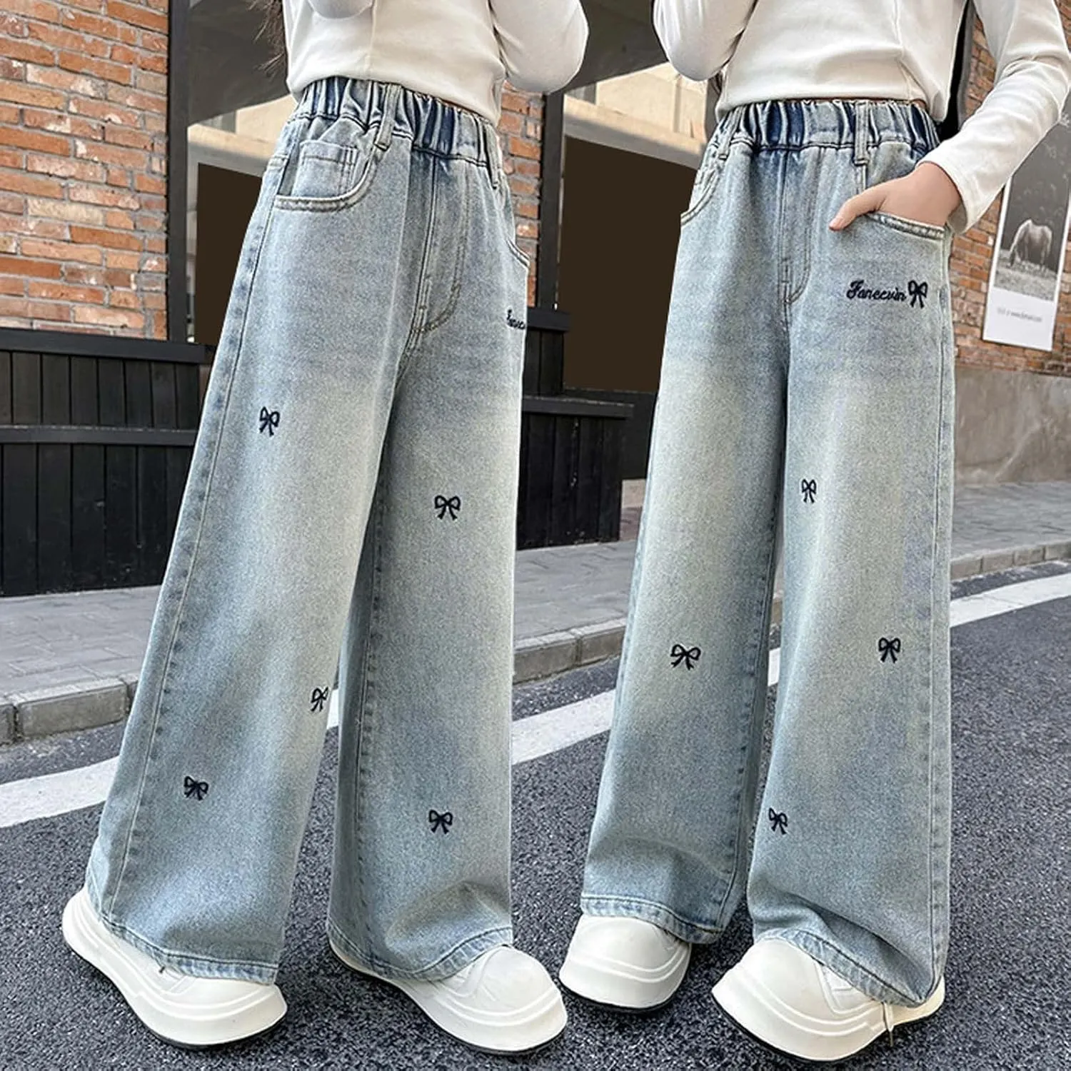 Flare Girls Jeans Wide Leg High Elastic Waisted Baggy Denim Pants Y2K Casual Going Out Jeans with Pockets