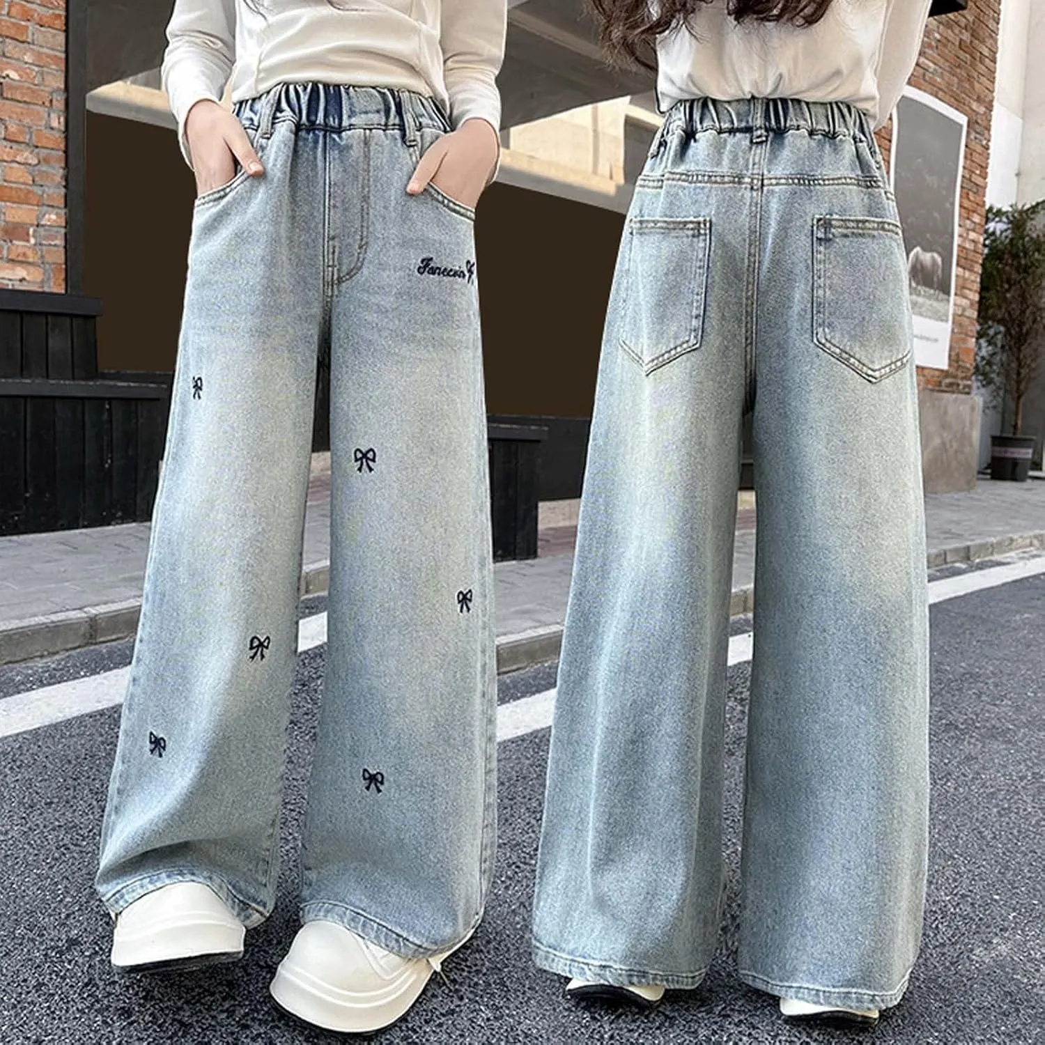 Flare Girls Jeans Wide Leg High Elastic Waisted Baggy Denim Pants Y2K Casual Going Out Jeans with Pockets