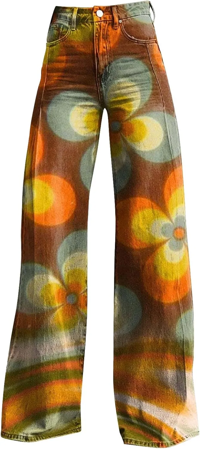 Flare Jeans for Women Flower Print Cute Trendy Wide Leg Baggy Pants High Waisted Flared Denim Trouser Vintage Jeans