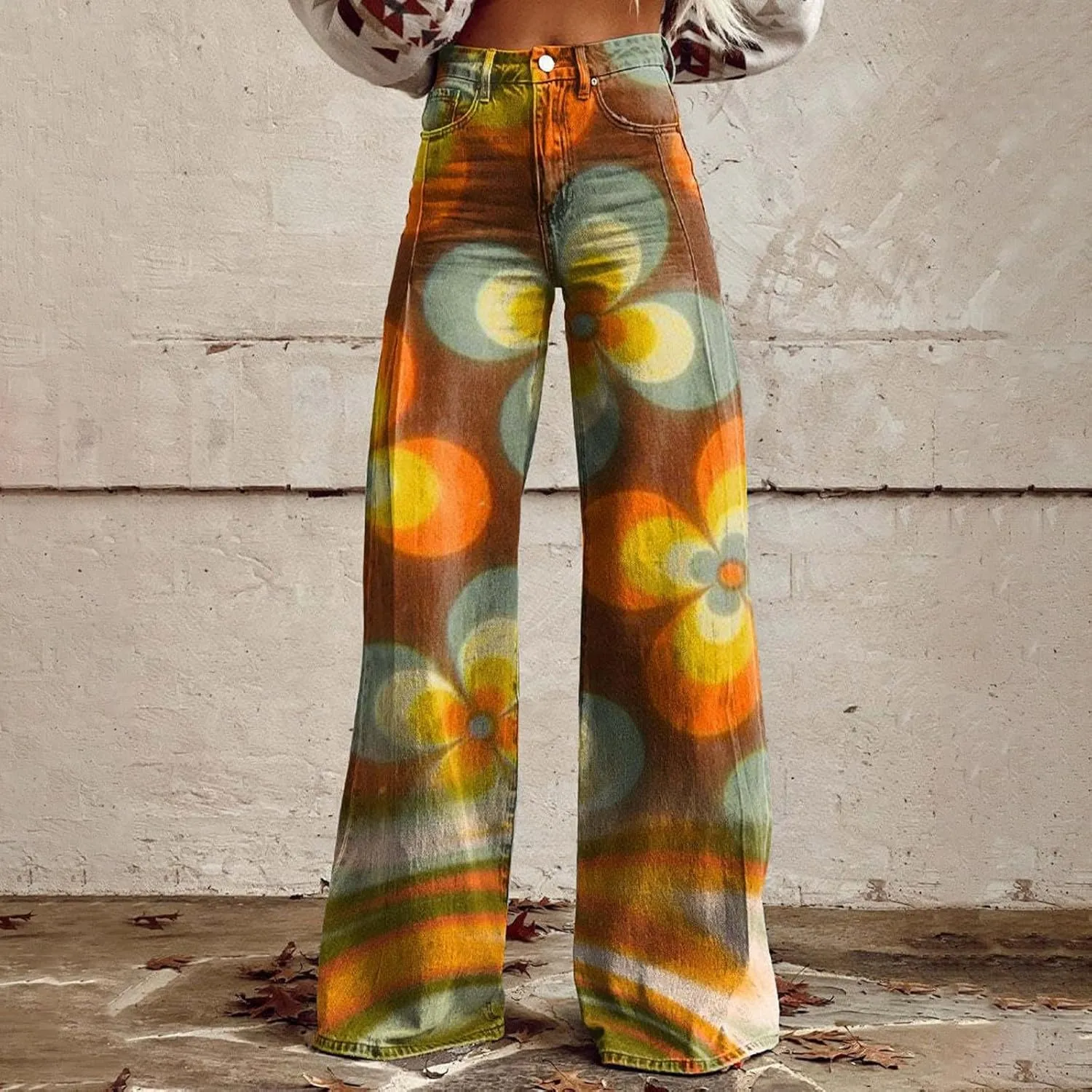 Flare Jeans for Women Flower Print Cute Trendy Wide Leg Baggy Pants High Waisted Flared Denim Trouser Vintage Jeans