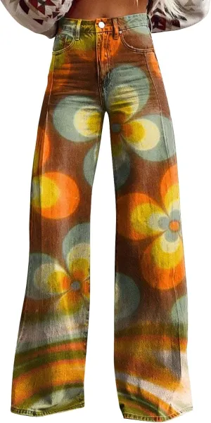 Flare Jeans for Women Flower Print Cute Trendy Wide Leg Baggy Pants High Waisted Flared Denim Trouser Vintage Jeans