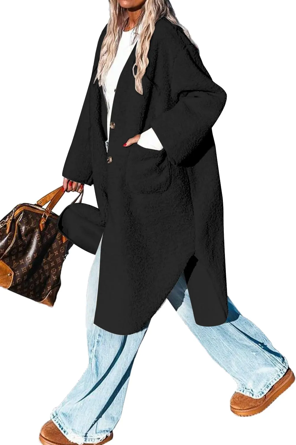 Fleece Coats Women Button Down Long Jackets Winter Flannel Trench Coats Dressy