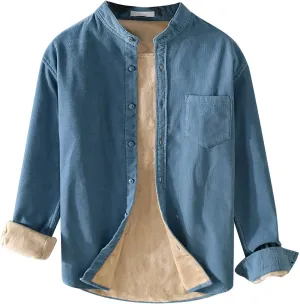 Fleece Lined Corduroy Shirt for Men Long Sleeve Button Down Casual Shirt Slim Fit Textured Shirts with Chest Pocket