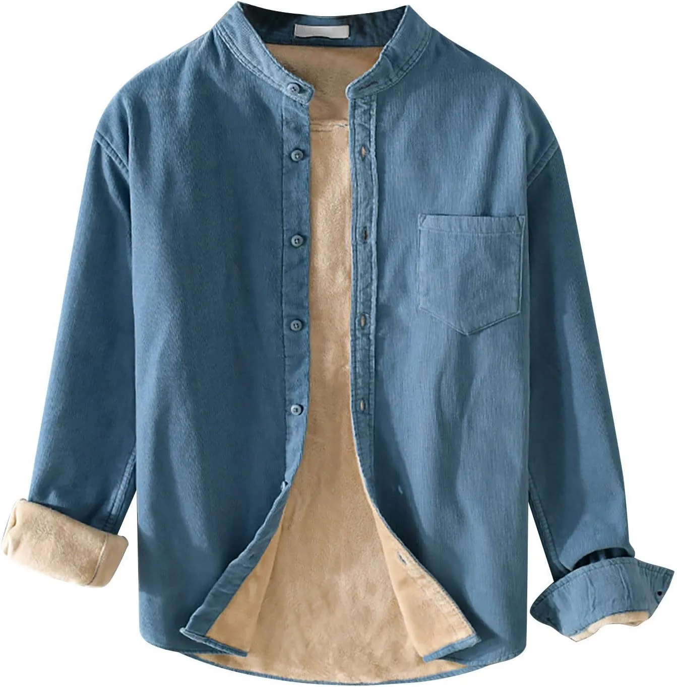 Fleece Lined Corduroy Shirt for Men Long Sleeve Button Down Casual Shirt Slim Fit Textured Shirts with Chest Pocket