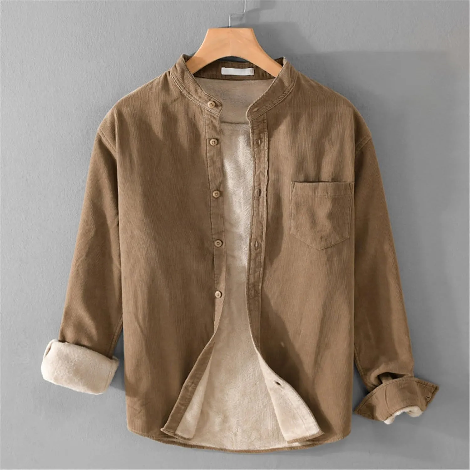 Fleece Lined Corduroy Shirt for Men Long Sleeve Button Down Casual Shirt Slim Fit Textured Shirts with Chest Pocket