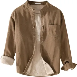 Fleece Lined Corduroy Shirt for Men Long Sleeve Button Down Casual Shirt Slim Fit Textured Shirts with Chest Pocket