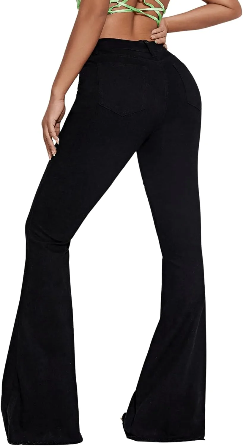 Floerns Women's High Waisted Flare Jeans Frayed Raw Hem Bell Bottom Denim Pants