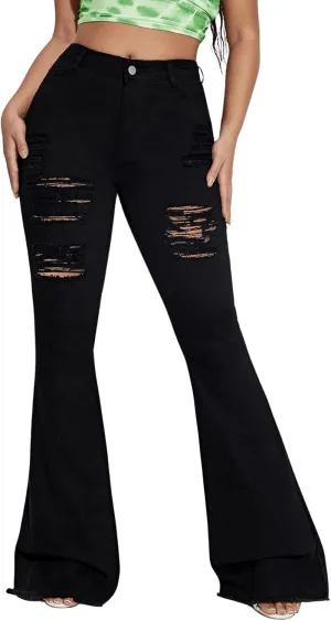 Floerns Women's High Waisted Flare Jeans Frayed Raw Hem Bell Bottom Denim Pants