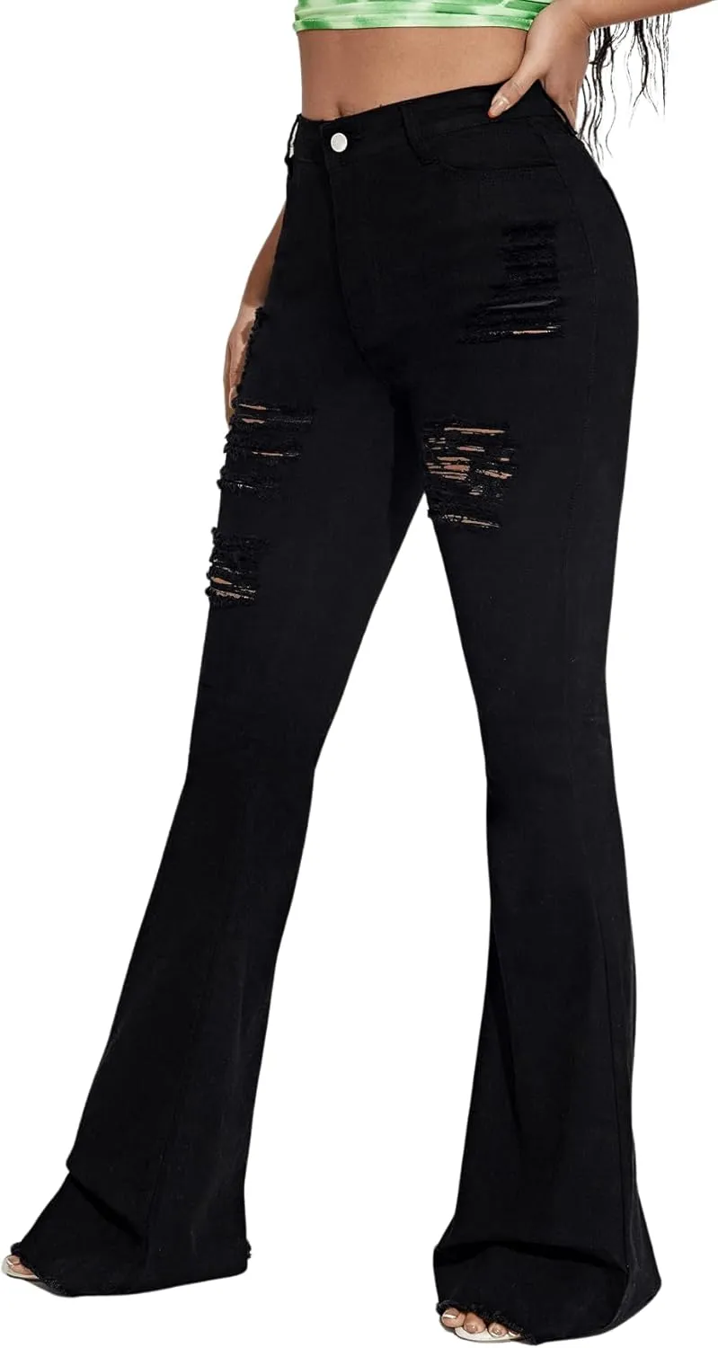 Floerns Women's High Waisted Flare Jeans Frayed Raw Hem Bell Bottom Denim Pants