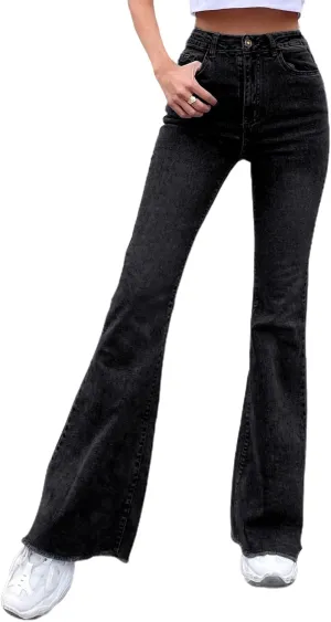Floerns Women's High Waisted Flare Jeans Frayed Raw Hem Bell Bottom Denim Pants