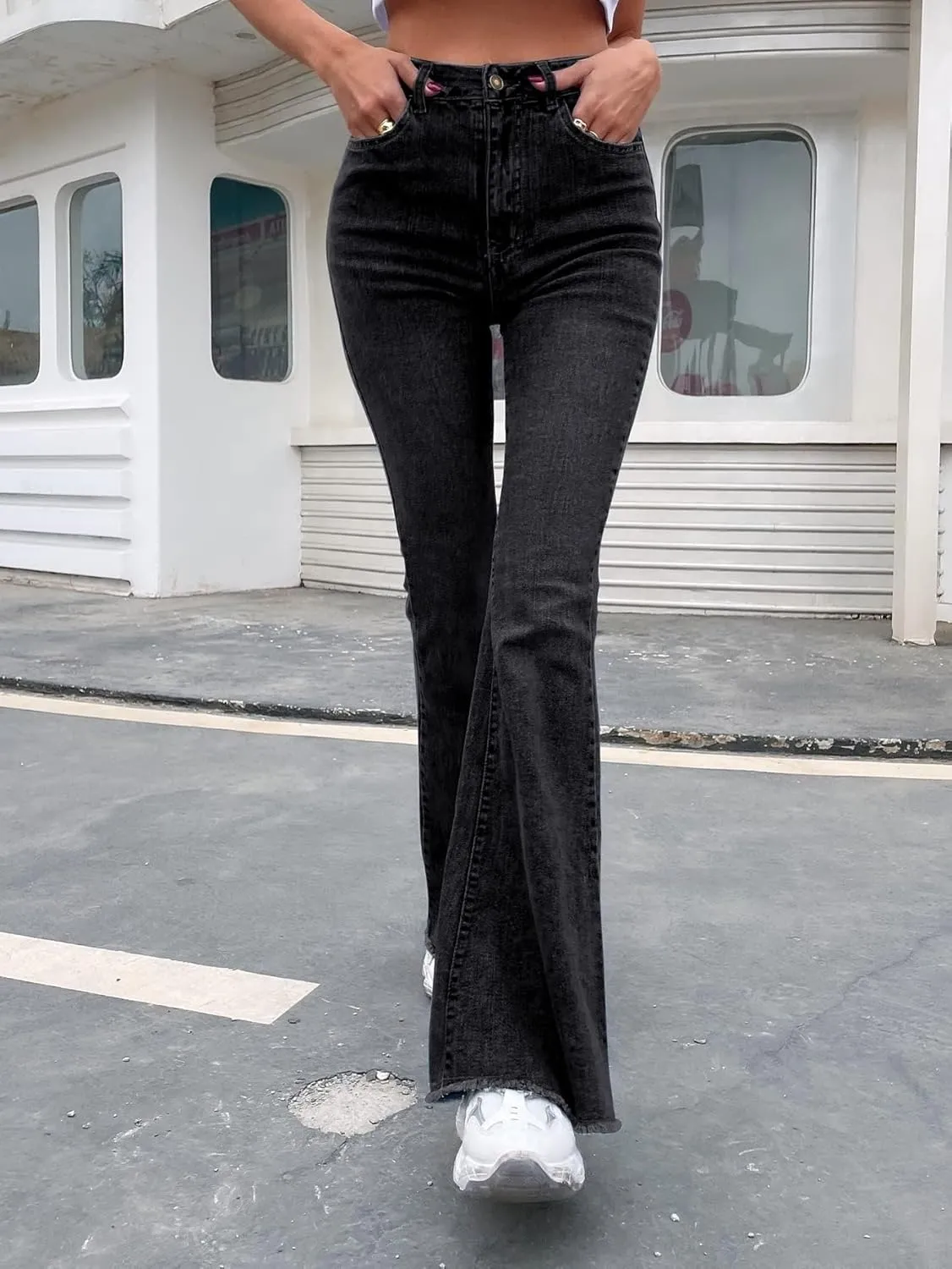 Floerns Women's High Waisted Flare Jeans Frayed Raw Hem Bell Bottom Denim Pants