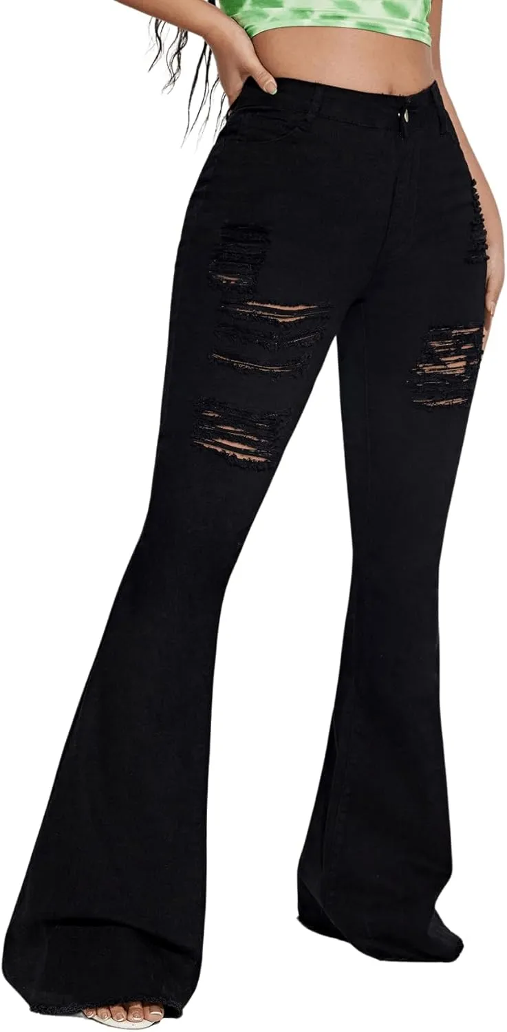 Floerns Women's High Waisted Flare Jeans Frayed Raw Hem Bell Bottom Denim Pants
