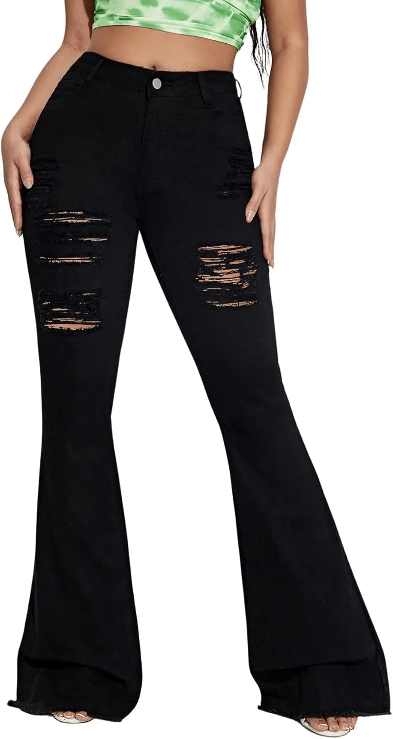 Floerns Women's High Waisted Flare Jeans Frayed Raw Hem Bell Bottom Denim Pants