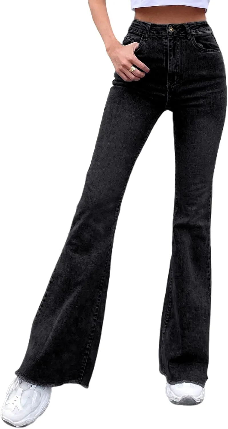 Floerns Women's High Waisted Flare Jeans Frayed Raw Hem Bell Bottom Denim Pants