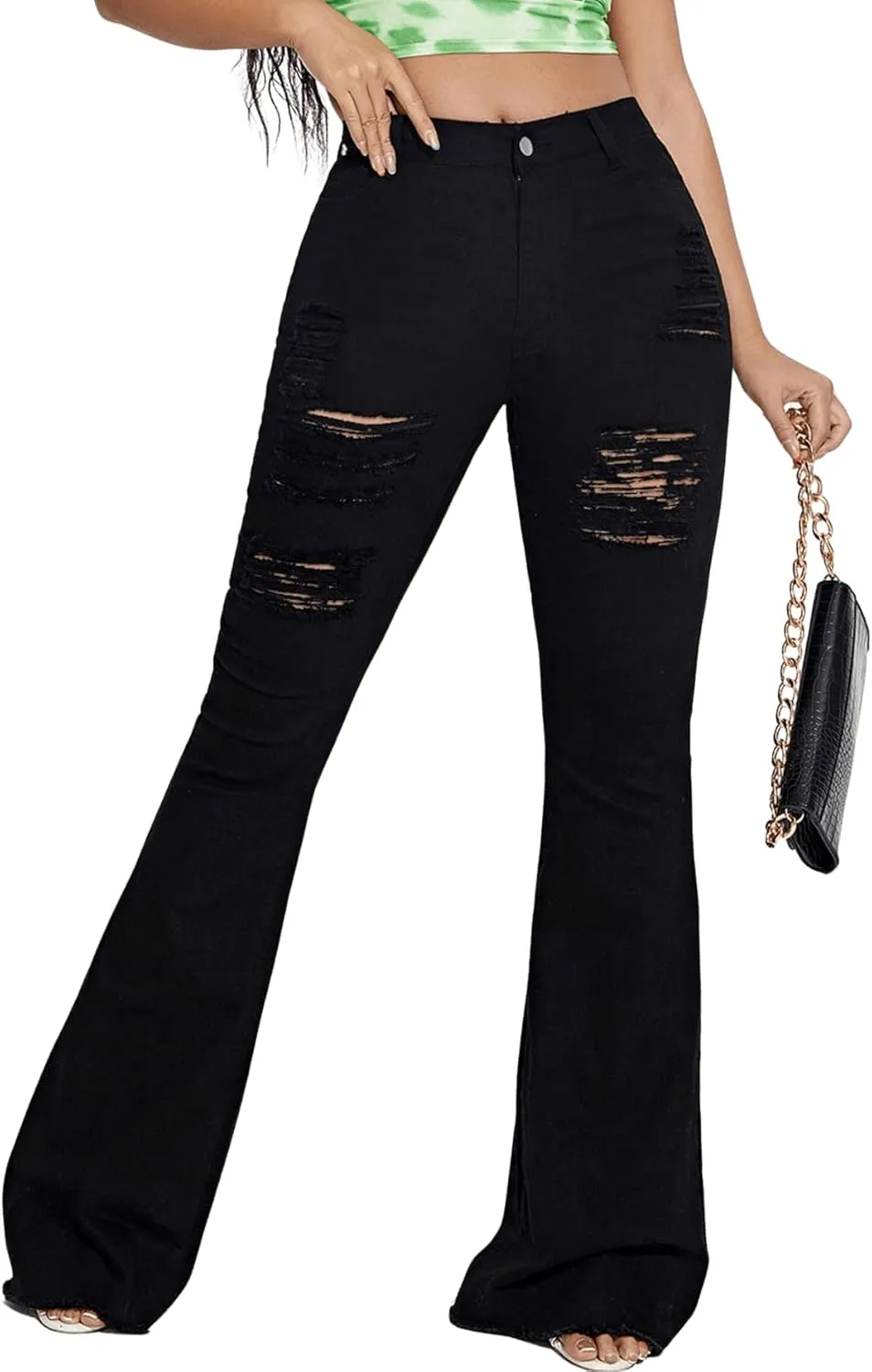 Floerns Women's High Waisted Flare Jeans Frayed Raw Hem Bell Bottom Denim Pants
