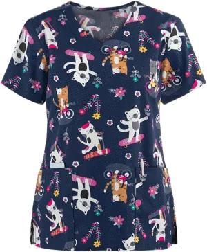 FONMA Scrub Tops Women Summer Fashion Printed Short Sleeve V Neck Nurse Uniform Shirt Loose Fit Workout Blouse with Pockets