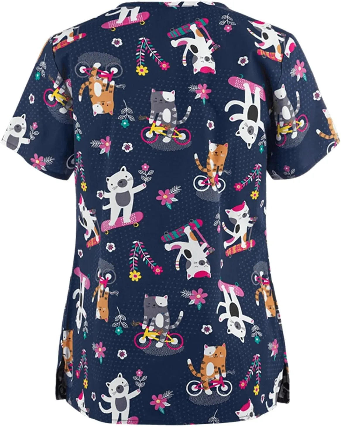 FONMA Scrub Tops Women Summer Fashion Printed Short Sleeve V Neck Nurse Uniform Shirt Loose Fit Workout Blouse with Pockets