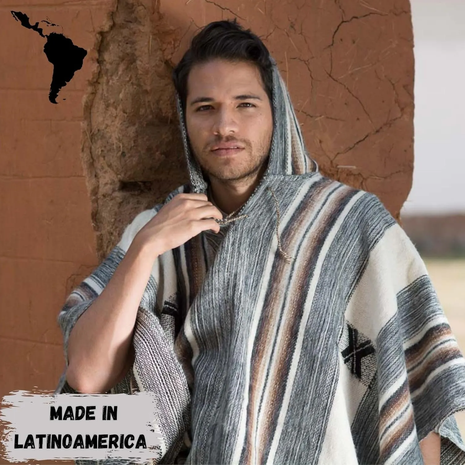 Gamboa Alpaca Wool Poncho Men Panchos Mexican with Hood Adult Cowboy and Western Hippie Poncho para Hombre