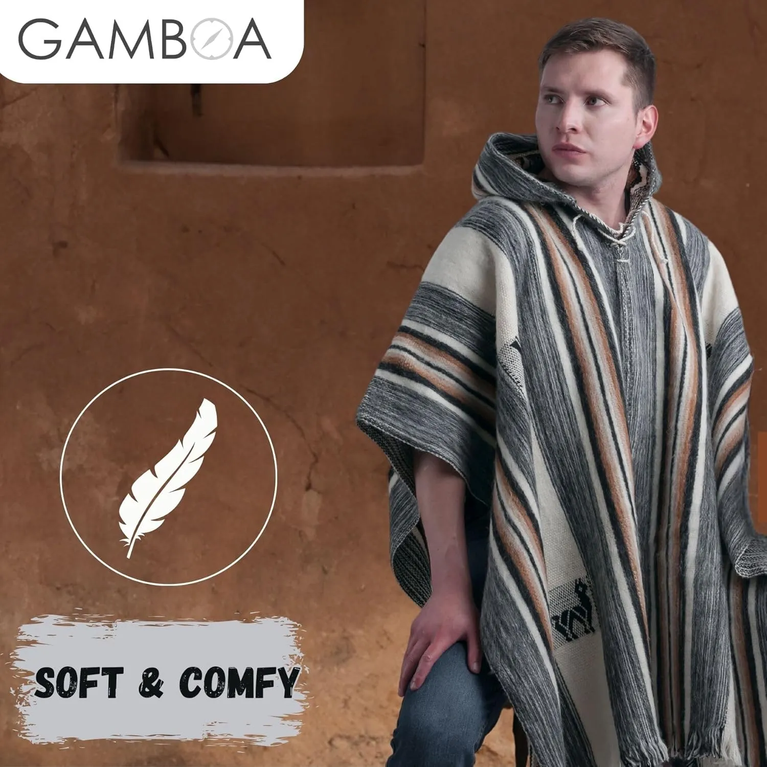 Gamboa Alpaca Wool Poncho Men Panchos Mexican with Hood Adult Cowboy and Western Hippie Poncho para Hombre