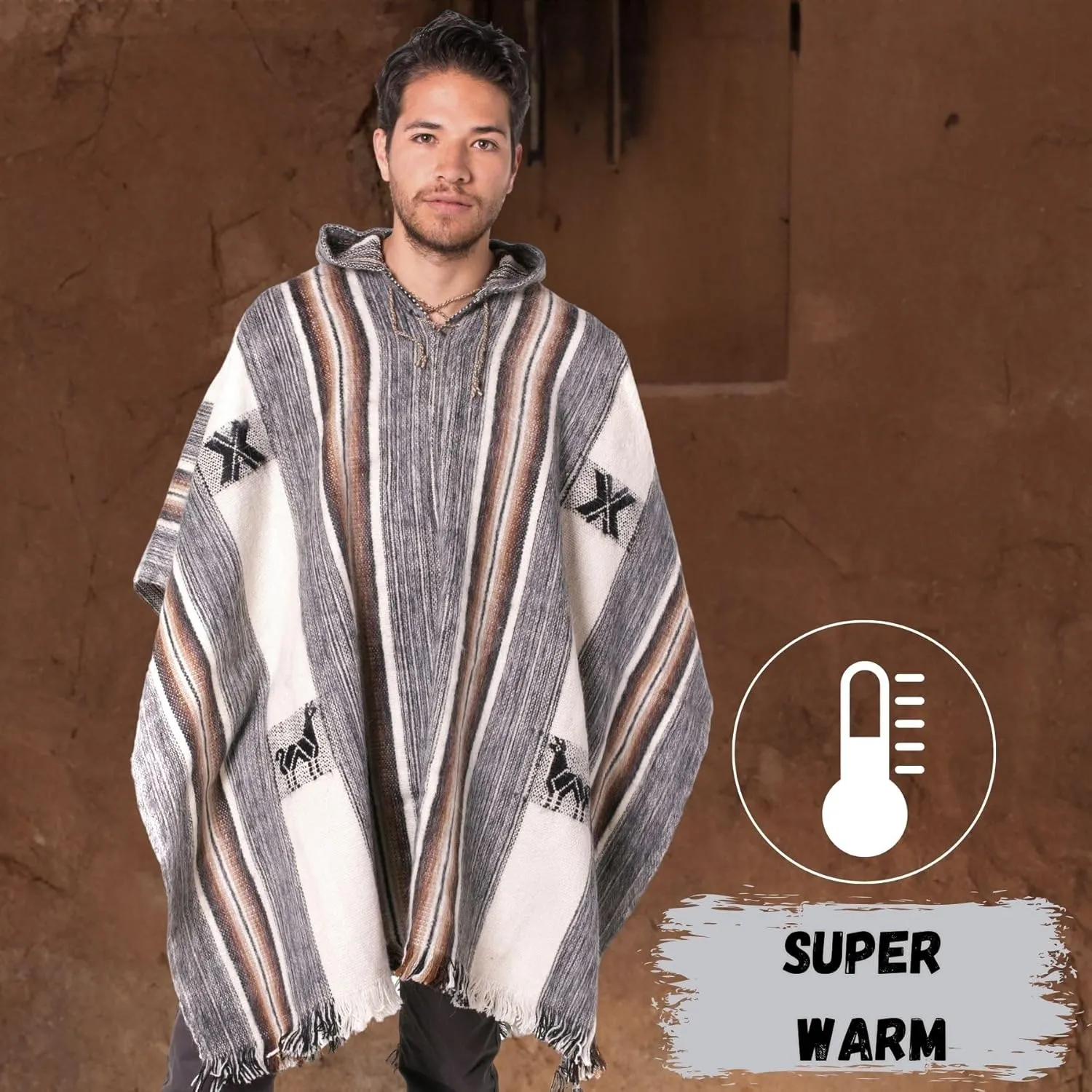 Gamboa Alpaca Wool Poncho Men Panchos Mexican with Hood Adult Cowboy and Western Hippie Poncho para Hombre